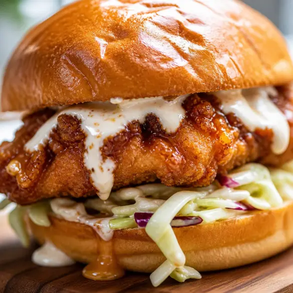 Hot Honey Fried Chicken Sandwich with crispy chicken, spicy honey drizzle on brioche bun.