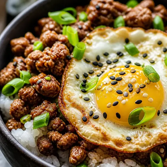 Korean Ground Beef Bowl with rice, vegetables, and a fried egg for a quick meal.