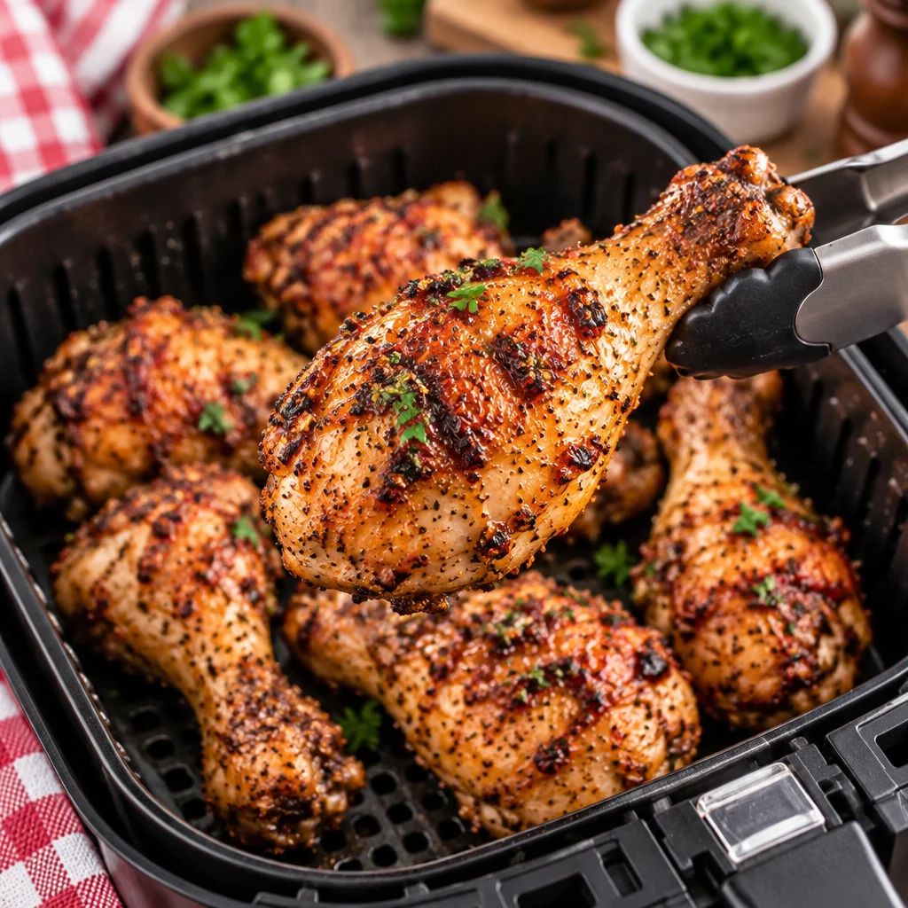 Golden brown air fryer chicken drumsticks perfectly cooked and crispy on the outside.
